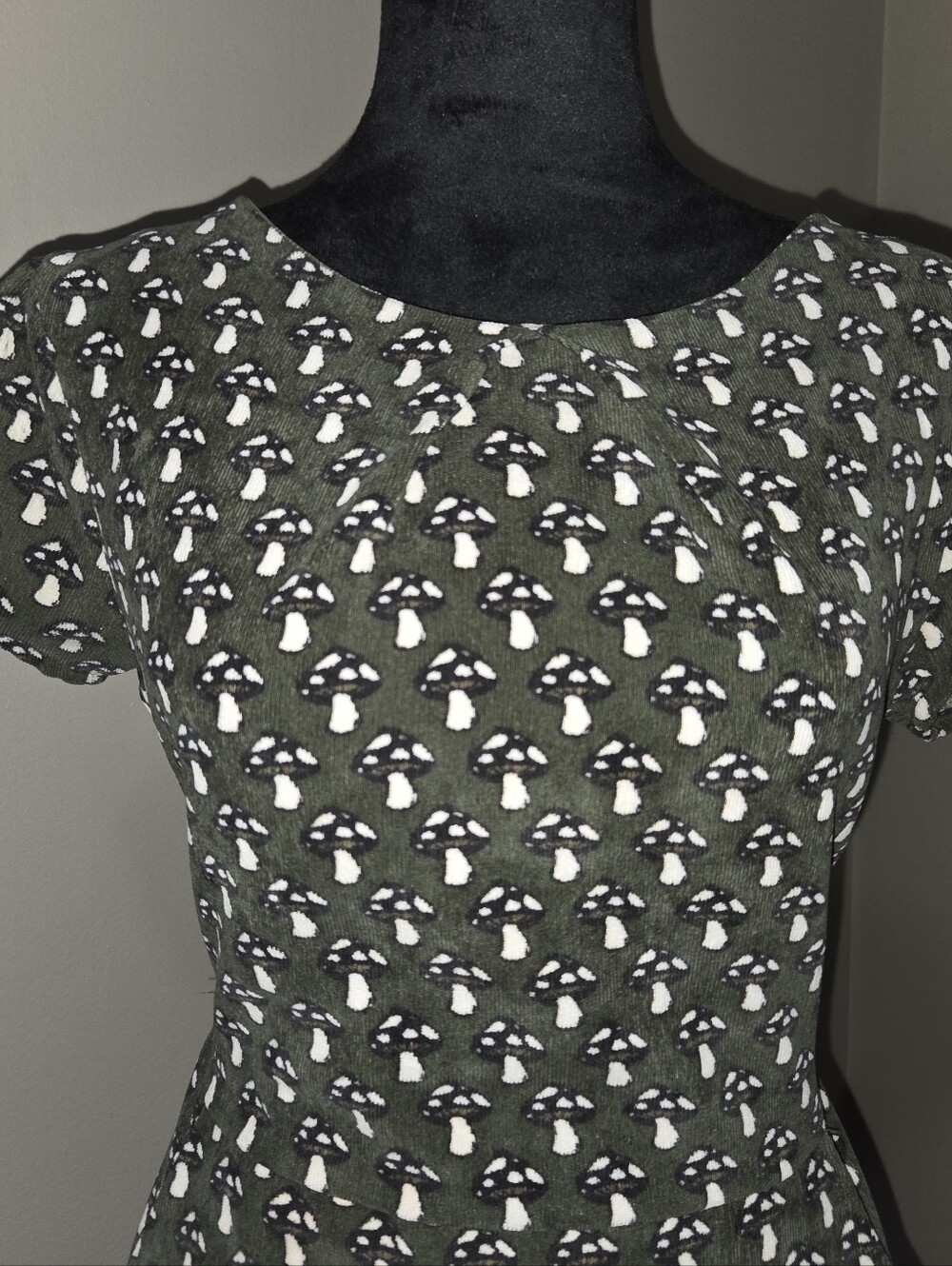 Olive Green Mushroom Print Fit & Flare Dress With Pockets
